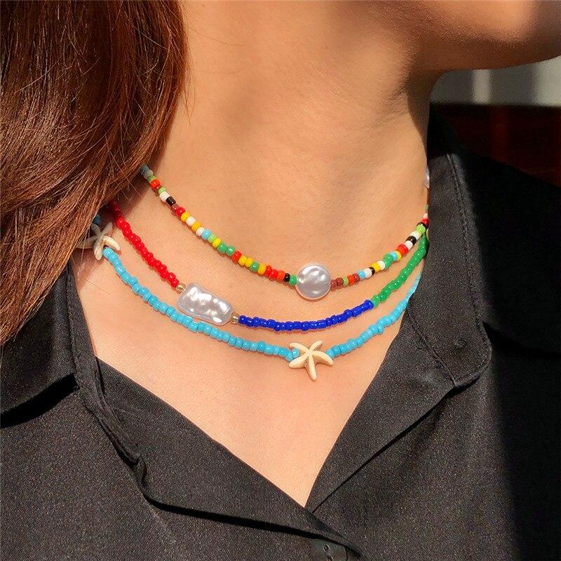 Bohemian Seed Beads Imitation Pearl Necklace For Women Colorful Beaded Boho Choker Necklaces Collares Clavicle Jewelry