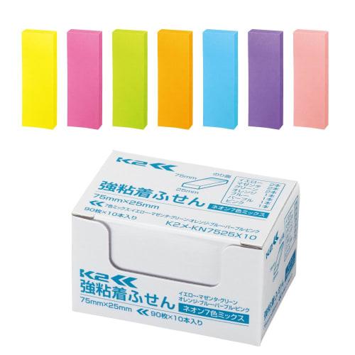 KOKUYO Sticky Notes Strong Adhesive K2 75mm X 25mm Neon Color 90 Sheets X 10 7 Colors K2 Me-KN7525X10