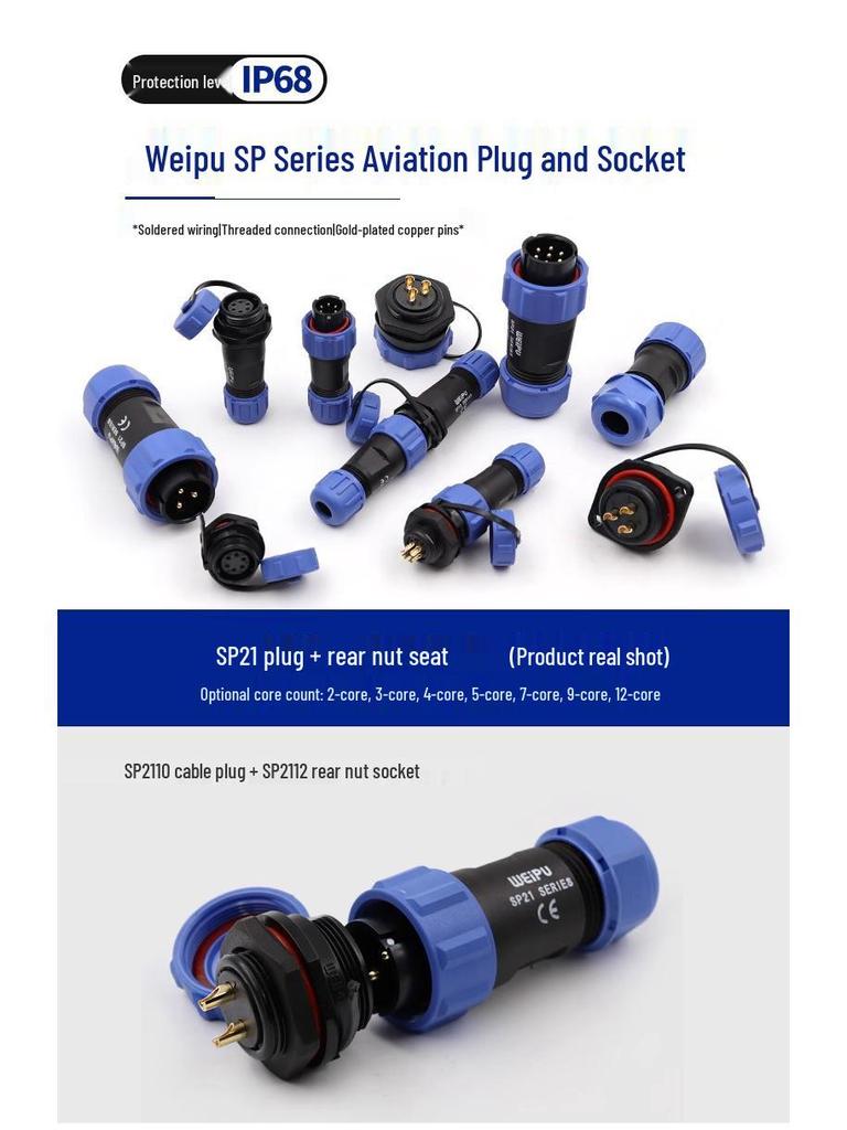 WEIPU SP21 Waterproof Aviation Plug, 2-12 Pin Male Connector with Rear Nut Socket