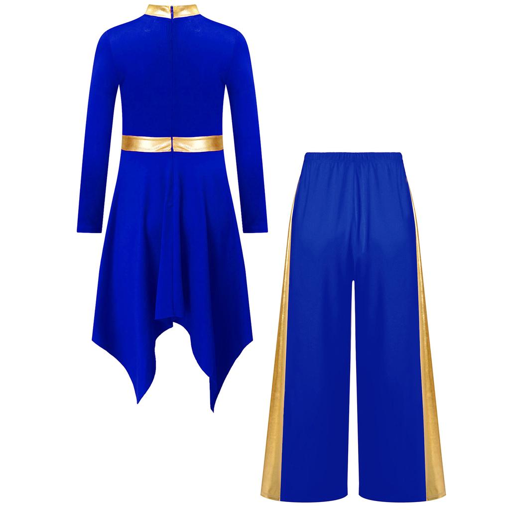 Комплект платья для танца хвалы и поклонения для девочек, с воротником-стойкой, длинными рукавами, асимметричным подолом, металлизированной лоскутной вставкой, контрастного цвета, с брюками широкого кроя