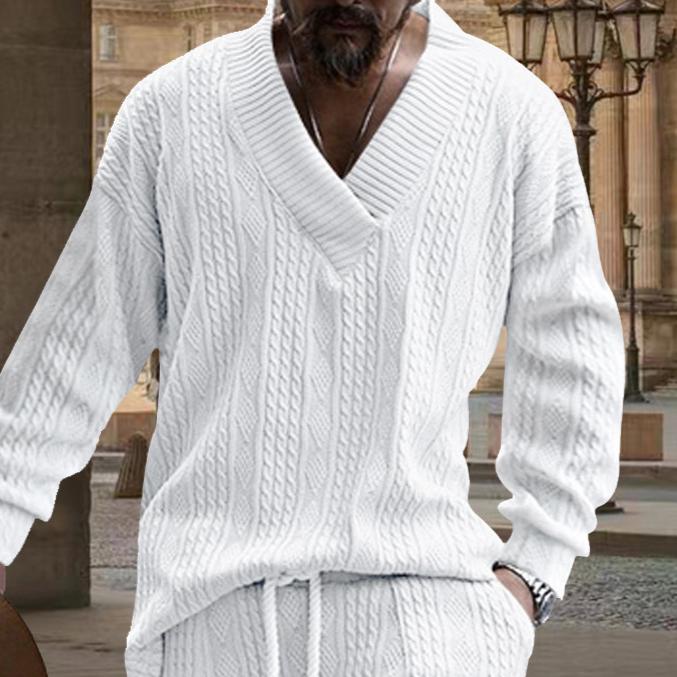 Осень-зима Cross Border Повседневный жаккардовый трикотаж Мужская весенне-осенняя свободная футболка с длинным рукавом Мужские пуловеры с V-образным вырезом Топы