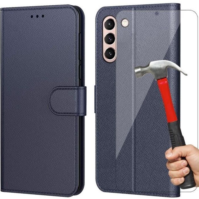Pack 2 Verres Trempés + Coque Pour Samsung S21 (6.2") Bleu Marine Portefeuille Souple Anti-Choc Anti Rayure Porte-Carte