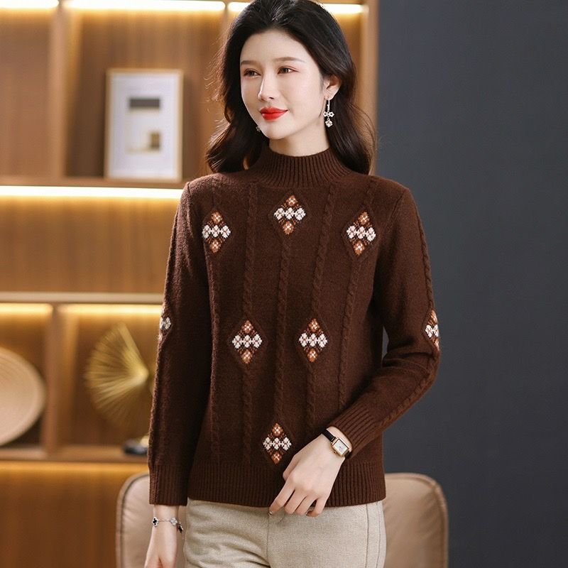 Трикотажный свитер осень и зима новый полувысокий ворот свитер трикотаж свободный жаккардовый пуловер с длинными рукавами базовая рубашка