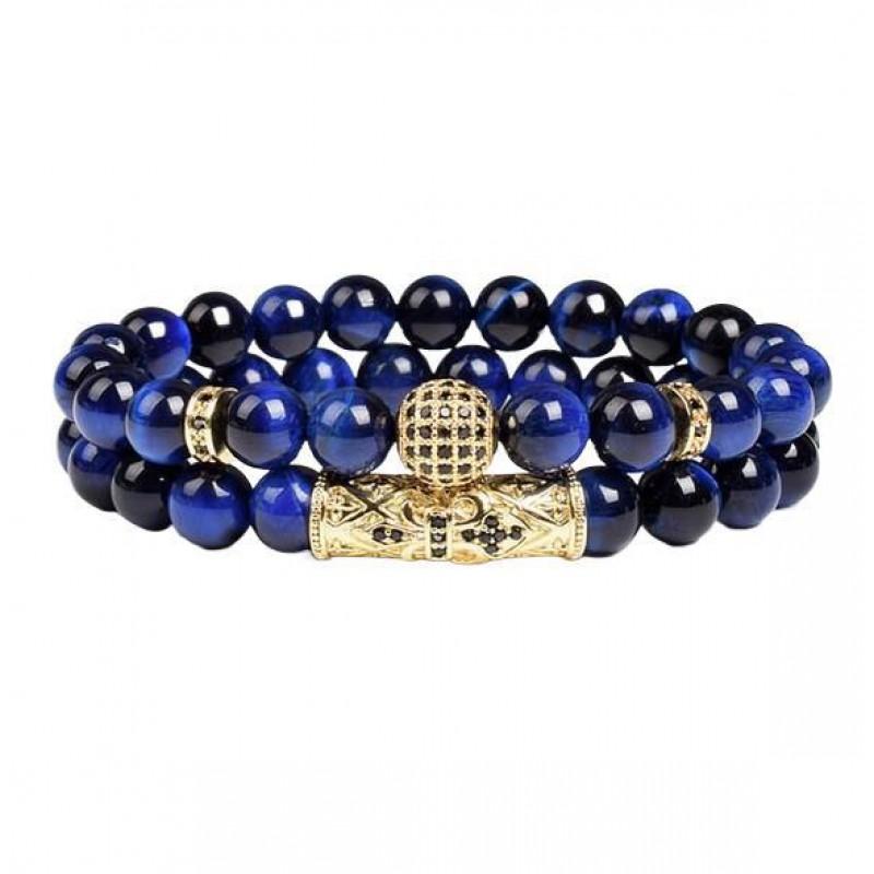 2pcs Set 8mm Blue Tiger Eye Bead Bracelet Crown Spacer Jewelry Men Women
