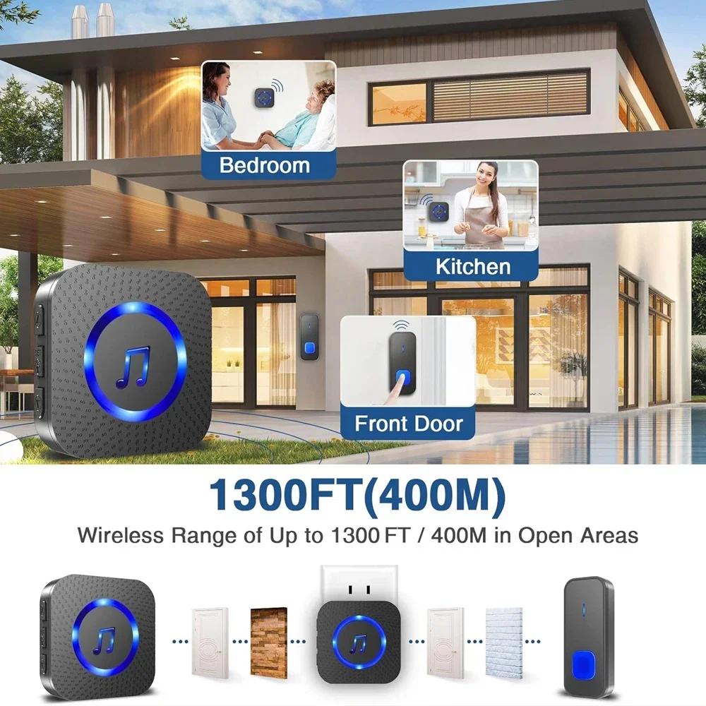Беспроводной водонепроницаемый умный дверной звонок для домашней безопасности, 55 песен, 5 уровней громкости, цветной светодиодный мигающий дверной звонок