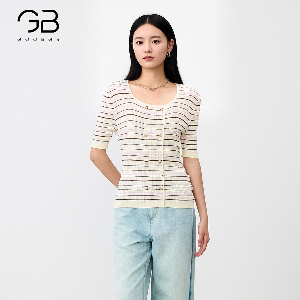 Square collar striped knitted sweater for women in the summer of 2026, double breasted slim fit and slimming, mid sleeve style base top