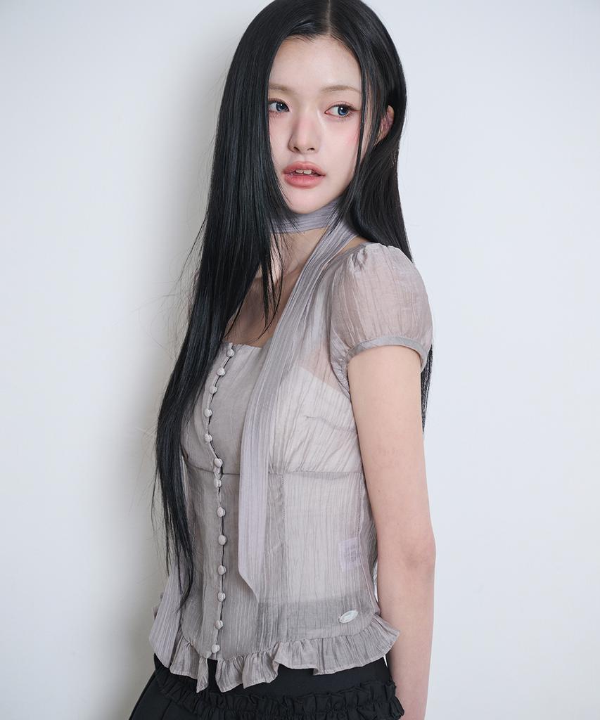 ILLIGO Ribbon Tie Square Neck Blouse Gray