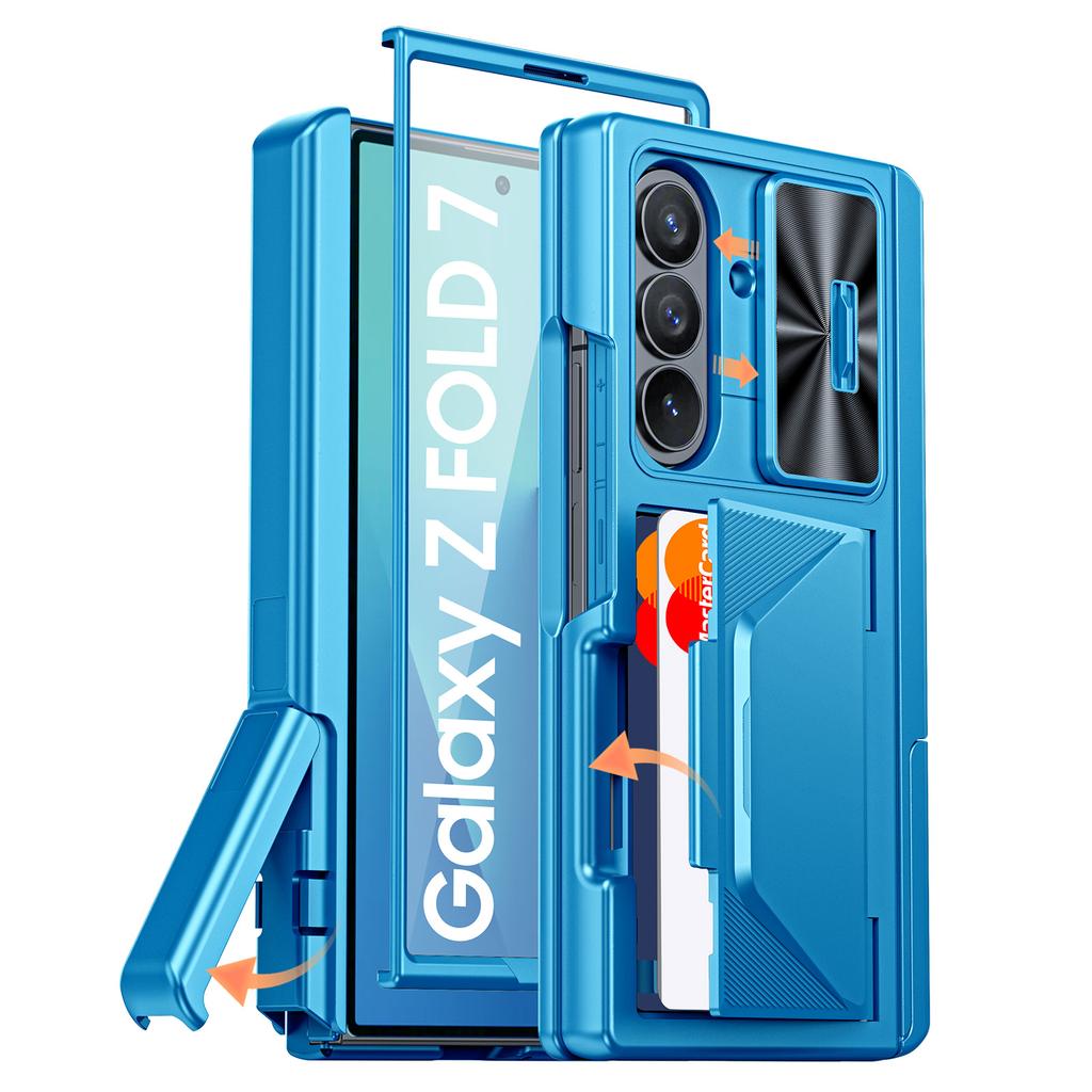 Для Samsung Galaxy Z Fold 7 С держателем для карт, Блокировка RFID, Встроенная сдвижная крышка для объектива и Защита шарнира и Подставка и Защитная пленка для экрана, Чехол-кошелек-Золотой