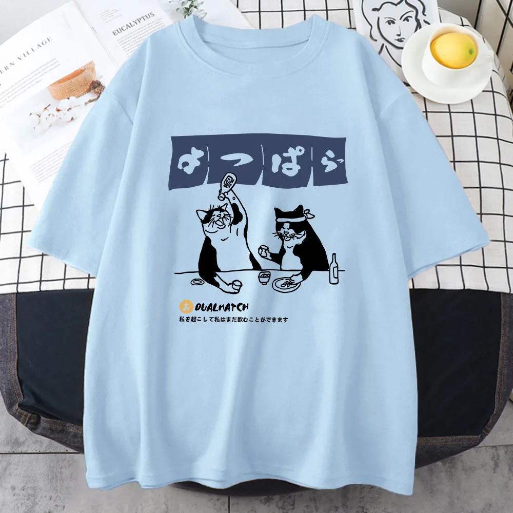Women Tshirt Streetwear Japanese Harajuku Funny Drinking Cat T-Shirt 100% Cotton Summer Cartoon T Shirt Unisex Hip Hop Tops Tees