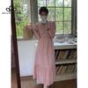 Summer New French Style Romantic Gentle V-neck Lace Stitching Puff Sleeve Tight Waist Slimming Solid Color Short Sleeve Dress