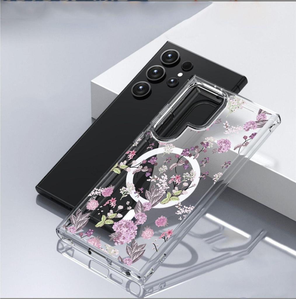 Маленький фиолетовый чехол с цветочным принтом и магнитом для iPhone 15/16/17 Pro Max - Прозрачный с полным покрытием