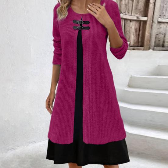 Осенне-весеннее женское платье из двух частей, трапециевидной формы с длинным рукавом, свободный подол, круглая шея, декор с пряжкой, вязаное мягкое цветное платье миди длиной до колена