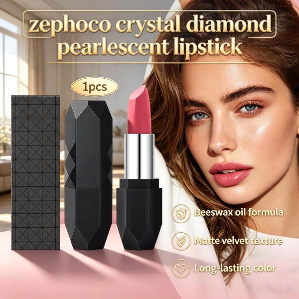 Zephoco crystal diamond pearlescent lipstick beeswax oil formula silky matte velvet texture daily all-match lip makeup cream 1pcs
