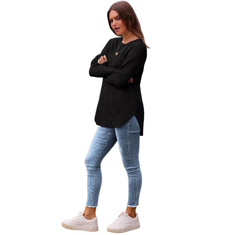 Women S Slim Fit Round Neck High Low Hem Long Sleeve Shirt