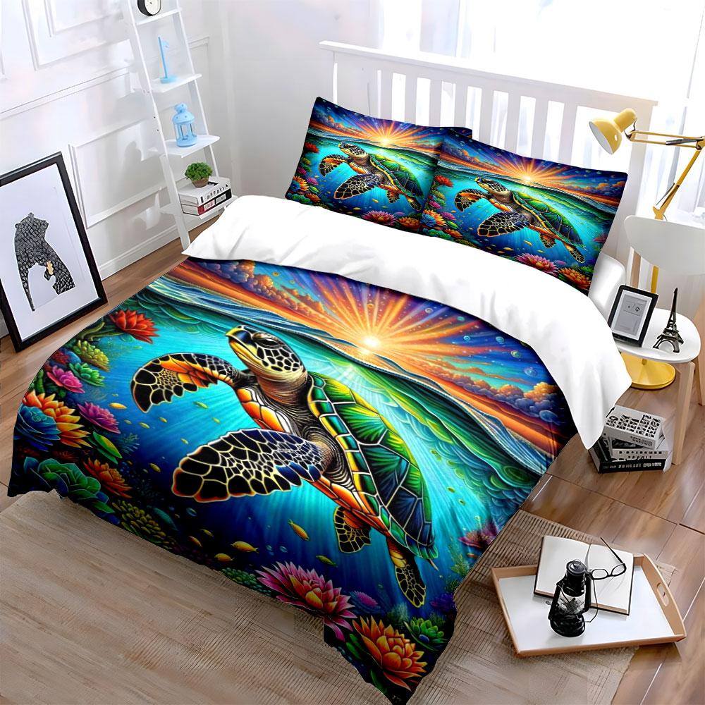 Sea turtle, sunrise, lotus. Bedding sets Duvet cover sets Duvet covers Pillowcases(1*Duvet Cover 2*Pillowcases without duvet insert)