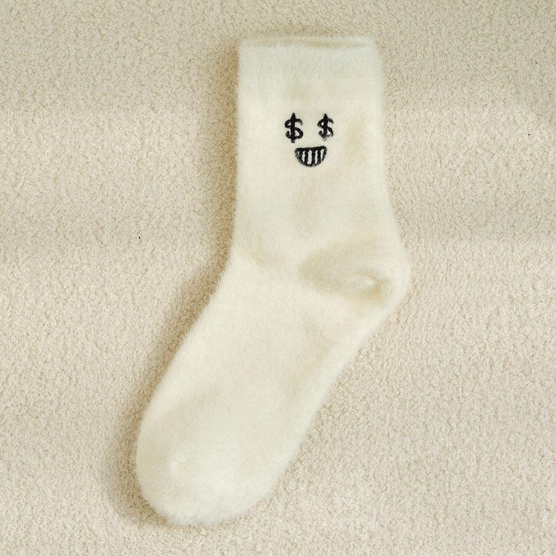 5pairs Women Funny Socks White Winter Warm Socks Smile Cute Kawaii Anime Floor Socks Lolita Y2k Thicken Fuzzy Socks