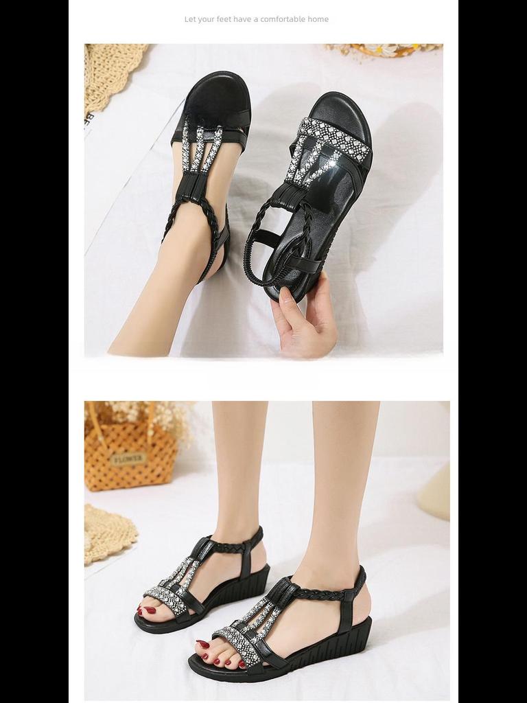 Летние босоножки в корейском стиле на танкетке в стиле бохо со стразами в римском стиле — большой размер, модные и удобные