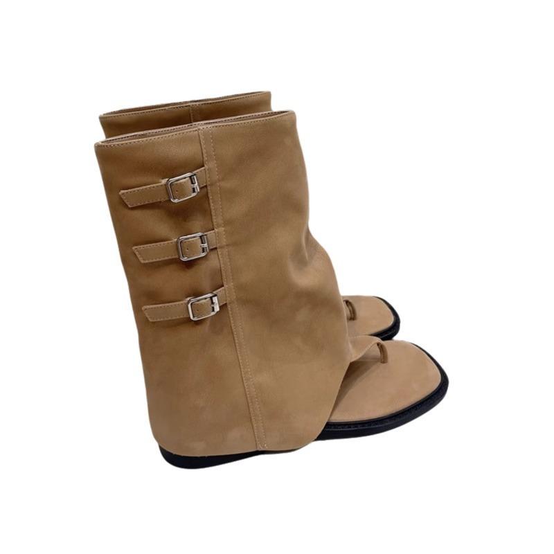 Летние новые ретро стиль пряжка ремня плоская подошва открытый носок брюки короткие ботинки женские средние голенища елочка крутые ботинки