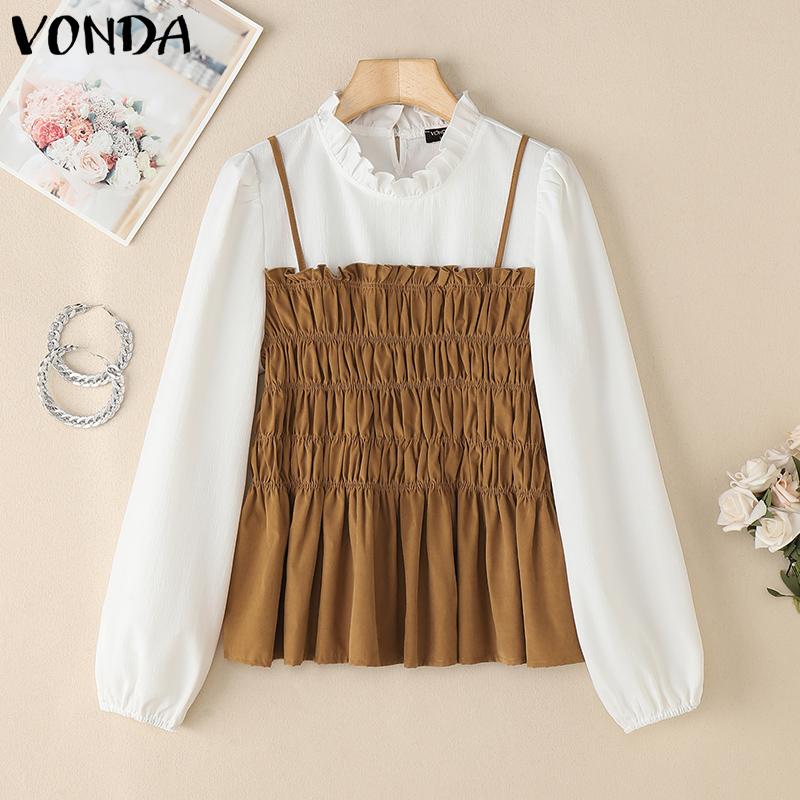 VONDA Women Stand Ruffled Neck Long Sleeve Patchwork Smocking Fake Two Pieces Blouse
