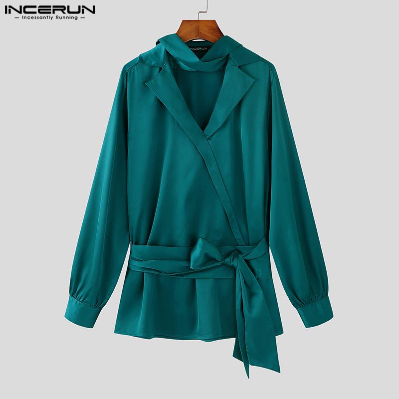 INCERUN Men V Neck Satin Shirts Solid Bandage Casual Party Tops