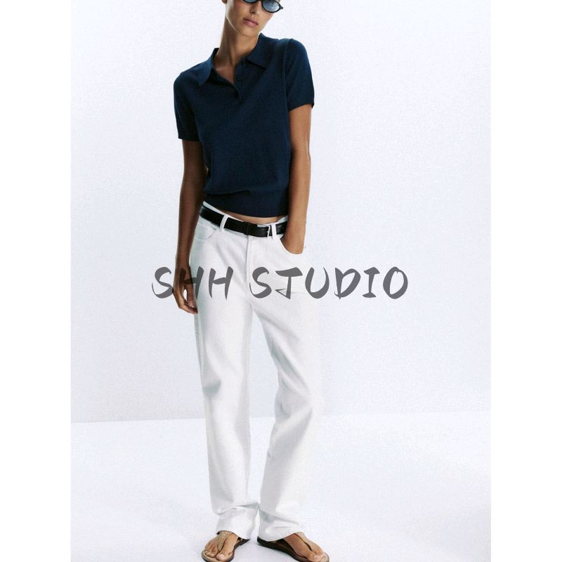 Fall New Women's Clothing French Breasted Decoration Short-Sleeved Knitting Polo Shirt Collar Casual Tops 2142019