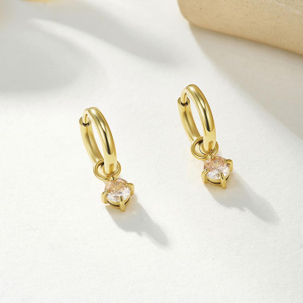 Fashion Simple Light Luxury Stainless Steel Hoop Earrings Daily Inlaid Shining Zircon Embellished Golden Ring