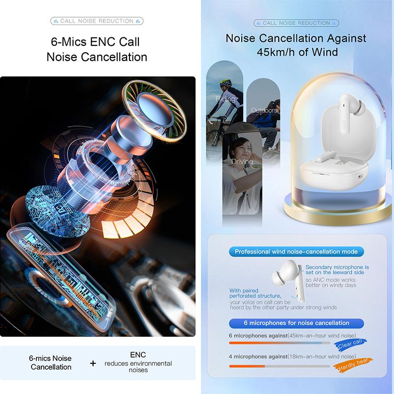 QCY HT05 ANC Беспроводные наушники 40 дБ с шумоподавлением Bluetooth 5.2 Наушники 6 микрофонов ENC HD Call TWS Наушники Режим прозрачности