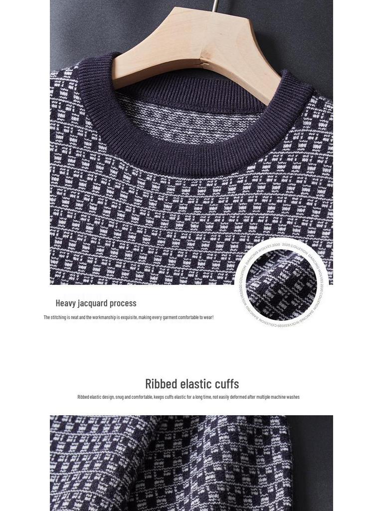 Men's Short Sleeve Jacquard Sweater: Autumn/Winter Round Neck Light Luxury Knit Undershirt