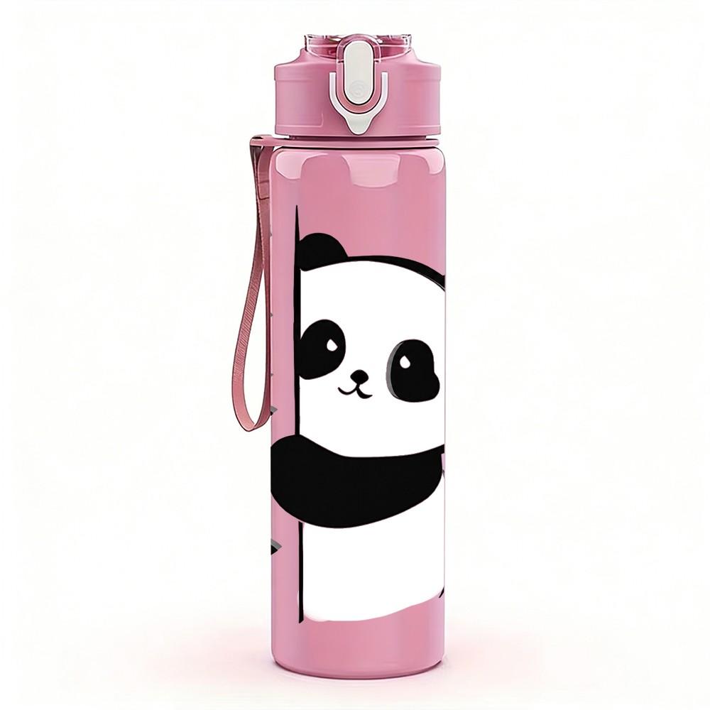 1PC Black White Panda With Small Heart Print 750ml Color Plastic Sports Water Bottle Leakproof Flip Straw Lid Suitable for Sports Office Home Use
