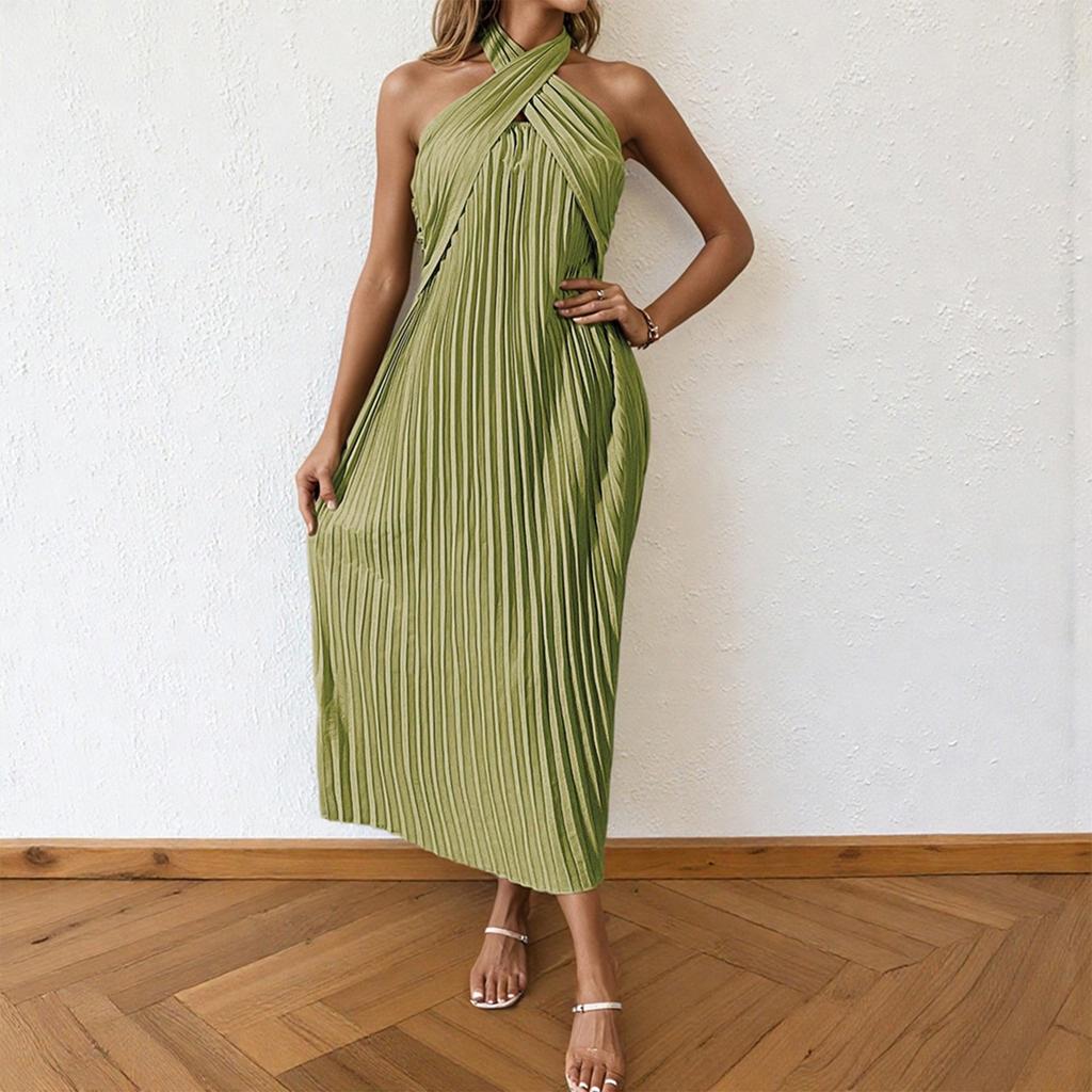 Women's Fashionable Sexy Solid Color Hanging Neck Backless Vacation Sleeveless Pleated Dress