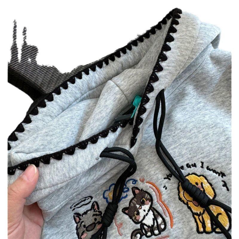 Women's Cute Puppy Embroidery Hooded Sweatshirt - Autumn/Winter Oversized Thickened Silver Fox Fleece Jacket