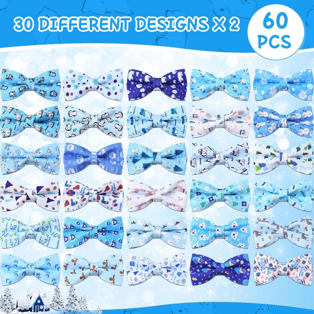 Sanwuta 60 Pcs Winter Collar Dog Bow Ties Bulk Dog Bowtie Accessories Puppy Bows Detachable Attachment Charms for Small Medium Large Dogs Cat Bows