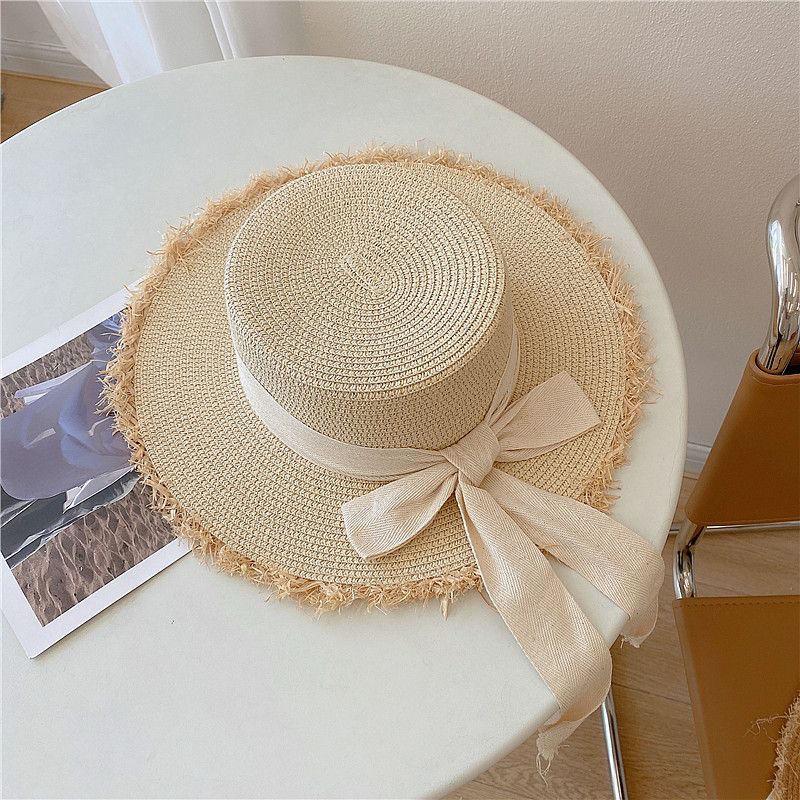 Hairy Straw Hat Summer Flat Top Sun Protection Travel Sun Hat Bow Tie Vacation Straw Hat