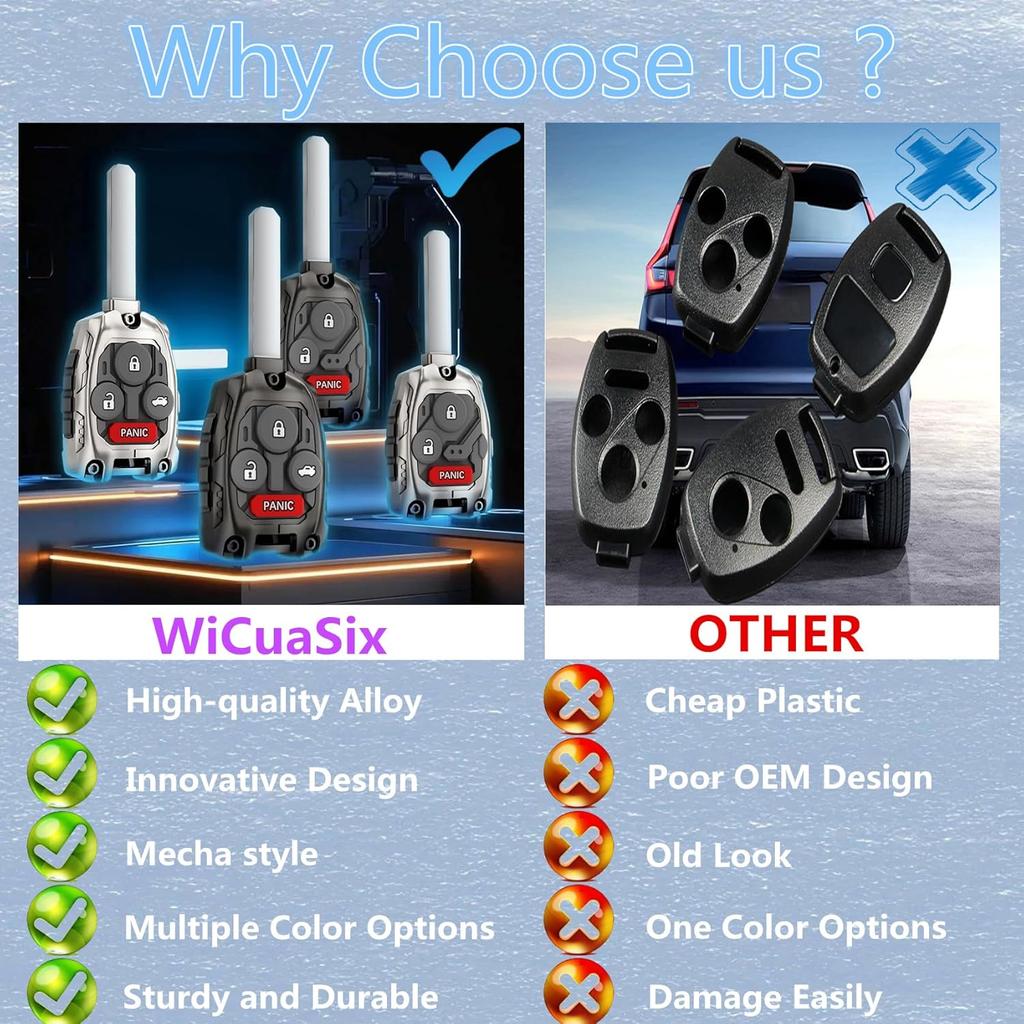 Cutting NOT Required - Upgraded Version Heavy Zinc Alloy Key Fob Shell Case Replacement for Honda Accord Civic EX CR-V Pilot Key Fob Cover (4