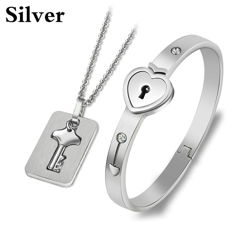 Модные парные комплекты ювелирных изделий для влюбленных из нержавеющей стали, браслеты с замком в виде сердца, ожерелье с подвеской в виде ключа, парный комплект