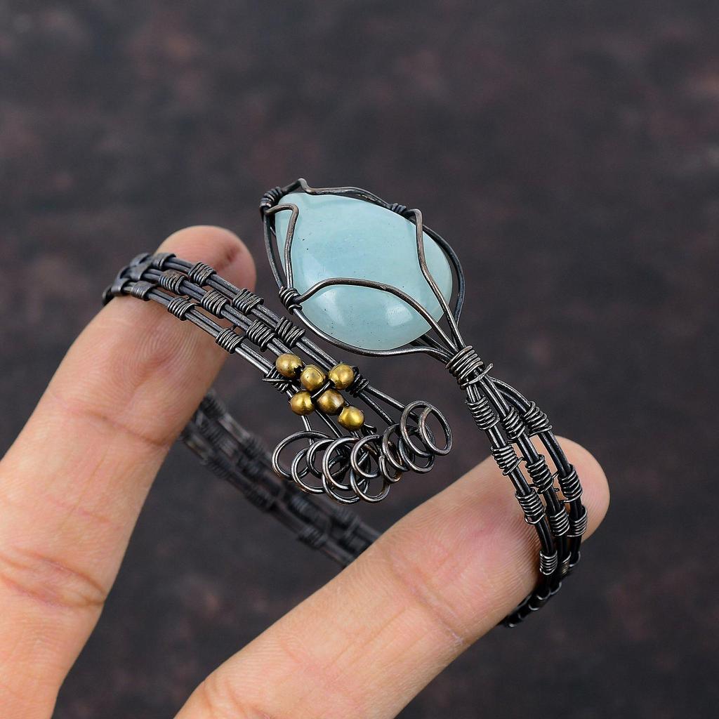 Аквамарин Браслет-манжета Медная проволока Обернутый браслет Драгоценный камень Регулируемый браслет-манжета Браслет ручной работы Медная проволока Ювелирные изделия Подарки на годовщину