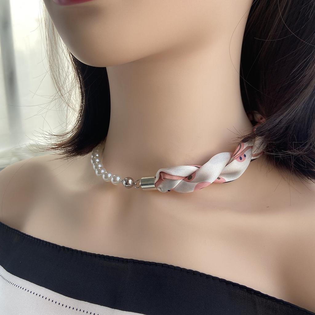 French Silk Scarf Necklace Imitation Pearl Clavicle Neck Magnetic Buckle Scarf