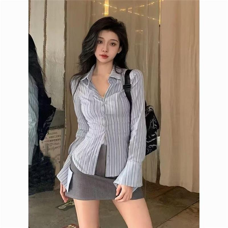 Women's Blue Striped Shirt Slim Fit Waist Design Ladies Blouse Spring and Autumn Casual Versatile Single Breasted Cardigan Top