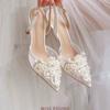 2025 Luxury Designer String Bead White Wedding Shoes Bridesmaid Sandals Women's Fashion Lace Slingbacks High Heels Pearl Pumps