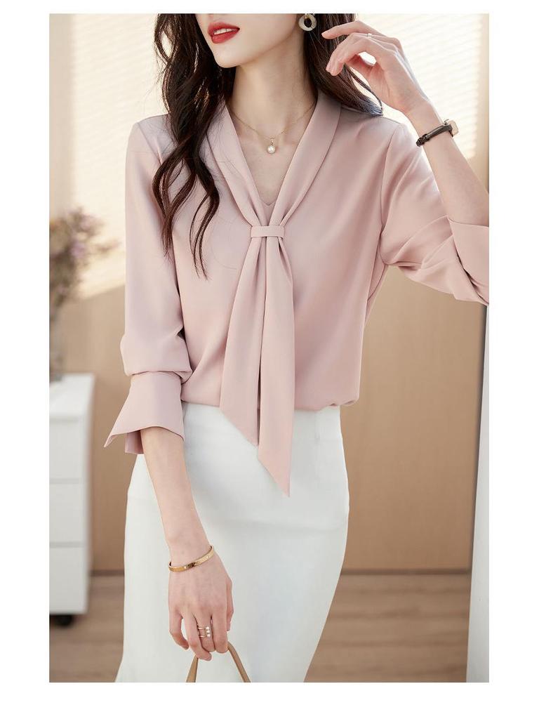 2024 High-End Women's Chiffon Ribbon Blouse - Slimming Long Sleeve, Versatile Spring/Autumn Fashion