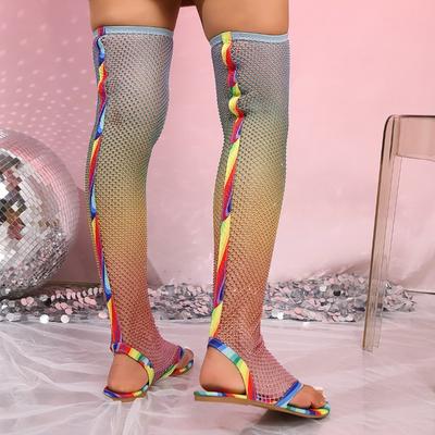 Модные подиумные цветные ботинки на плоской подошве в елочку, крутые ботинки до колена из эластичной сетки, весенне-летние босоножки со стразами