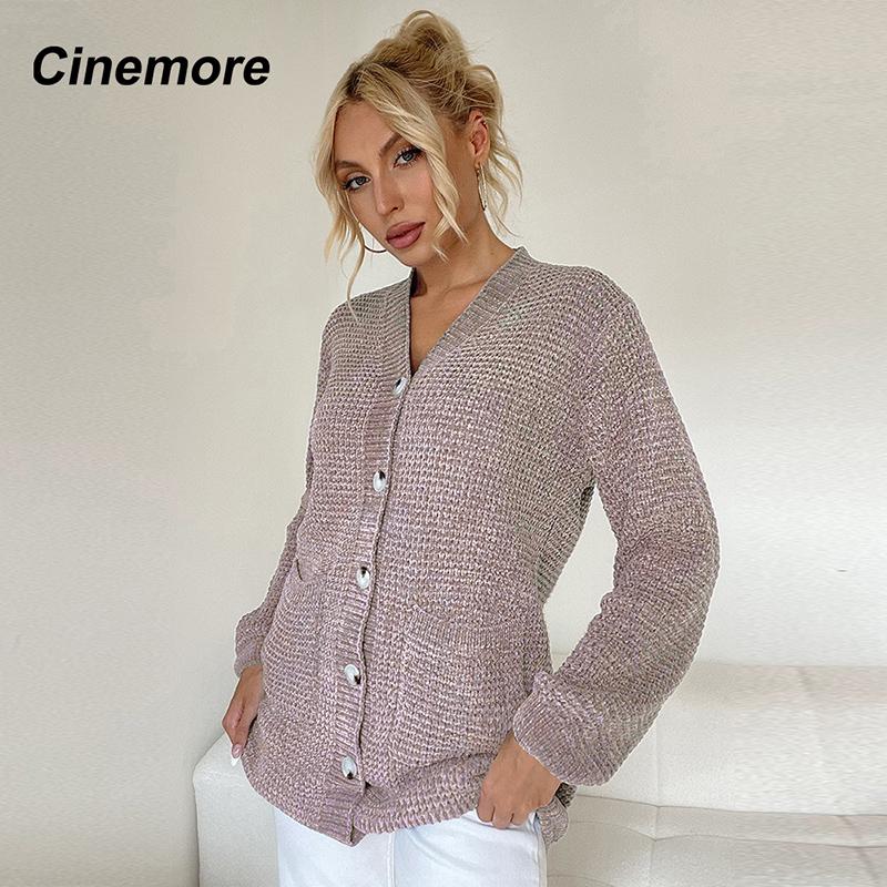 Cinemore Весенне-осенний женский свитер однотонный свободный повседневный открытый карман теплый базовый топ с длинными рукавами и круглым вырезом трикотажная карточка