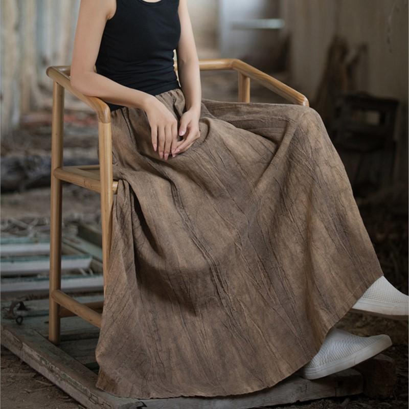 Johnature Women Ramie Tie-dye Skirts Elastic Waist Pockets Vintage Autumn Clothes Women A-Line Skirts