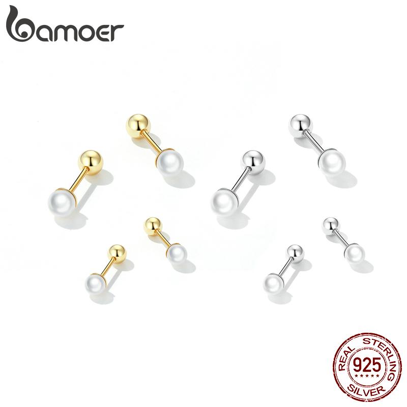Женские серьги-гвоздики BAMOER из стерлингового серебра 925 пробы с жемчужными бусинами, модные мини-гвоздики, ювелирные изделия