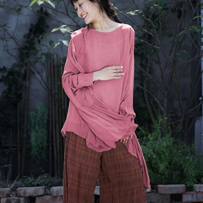 Johnature Women Irregular Vintage Summer T-Shirts O-Neck Long Sleeve Cotton Blend Solid Color Tees Soft Women T-Shirts