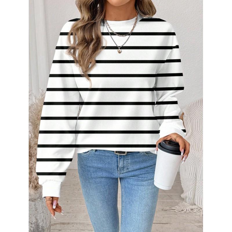 Womens Casual Striped Print Hoodie-Free Sweatshirt Loose Fit Round Neck Long Sleeve Top 2025