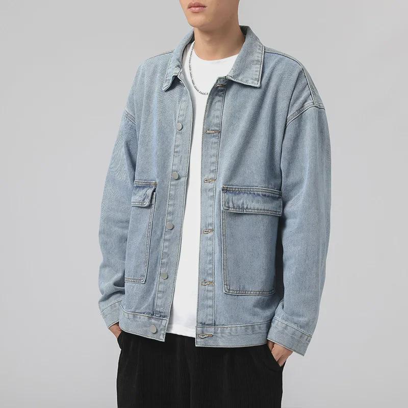 Осень/Зима 2023 Мужская джинсовая куртка свободного кроя - Модная верхняя одежда с лацканами и пуговицами