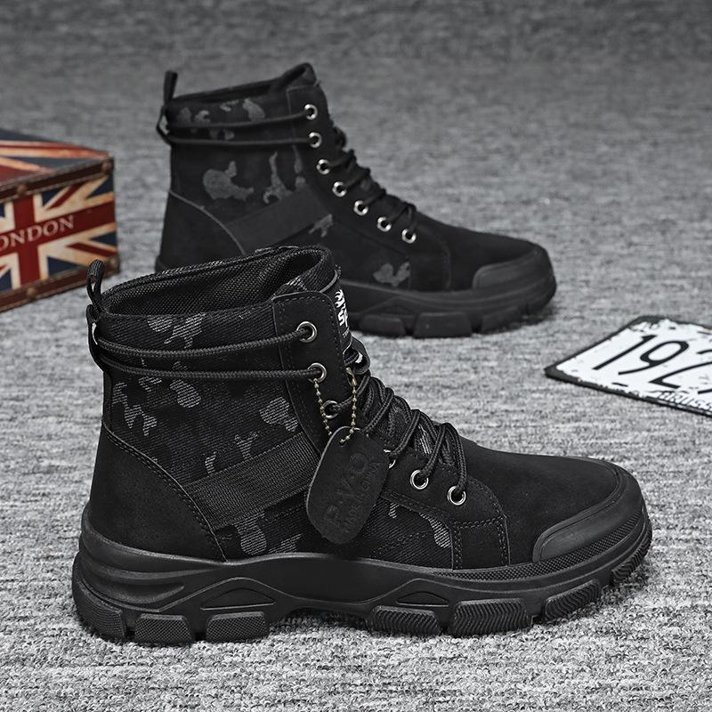 Mens Camouflage High Top Work Boots Comfortable Sneakers Outdoor Hiking Shoes Thick Sole Non-Slip Durable Lace-Up Platform Boots
