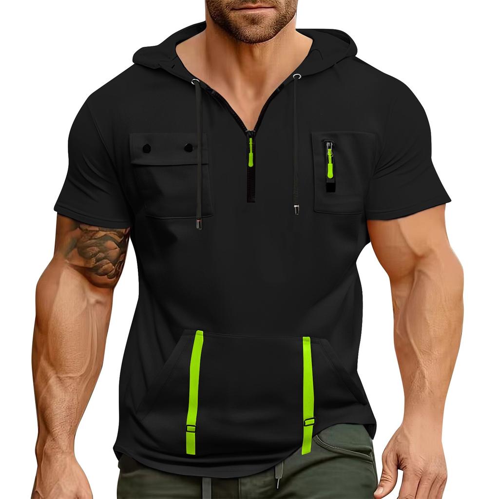 Мужская летняя рубашка с карманом на молнии, коротким рукавом, с капюшоном, мужская спортивная повседневная толстовка большого размера