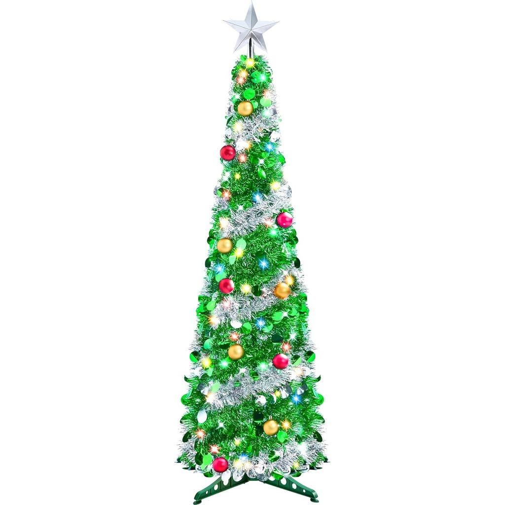 JOYFY 5 FT Pop Up Christmas Green Tree with Lights Collapsible Tinsel Christmas Tree Decorations for Home Holiday Party